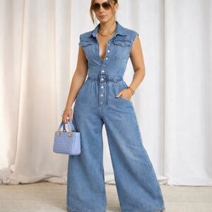 LORAGAL Denim Wide Leg Jumpsuit Sleeveless Button Front NWT Size L